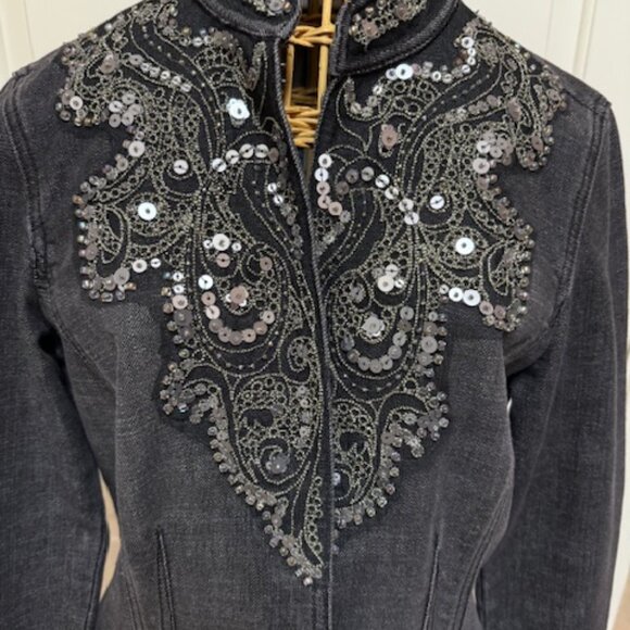 Chico's sequined charcoal gray denim fitted jacket. Size 0. - Picture 3 of 8